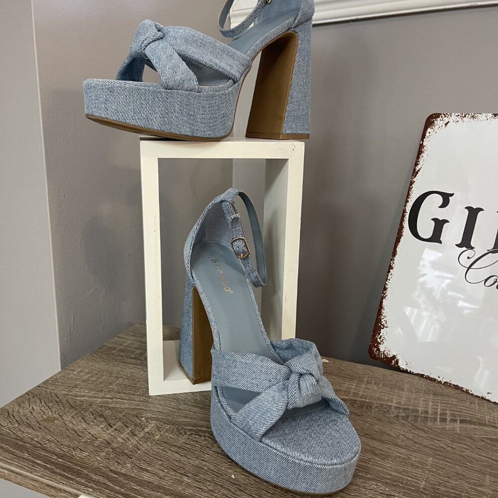 Blue Jean Platform High Heels with Bow - Picture 1 of 2